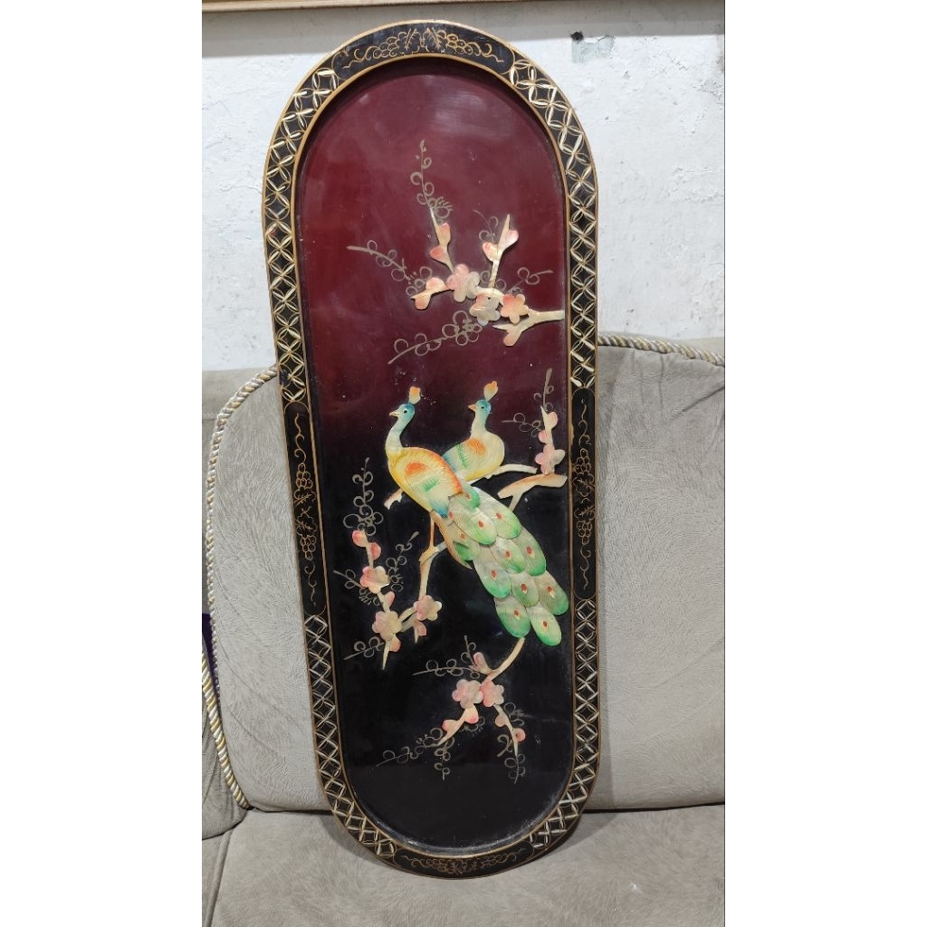 Hiasan dinding rare langka burung Merak Oriental dari kulit kerang tua Vintage tinggi 70cn
