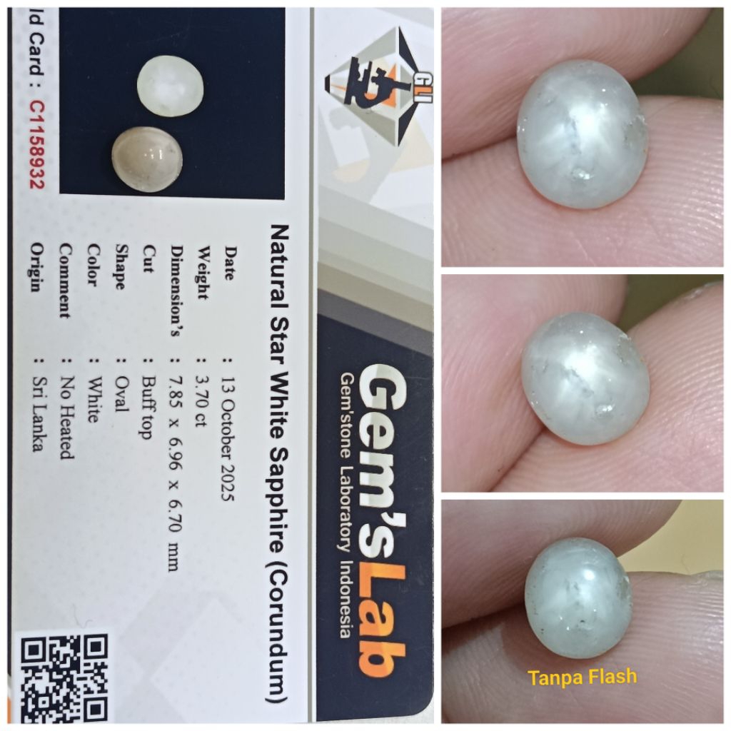 Natural Star white sapphire Ceylon 3,7ct NH memo GLI safir Srilanka