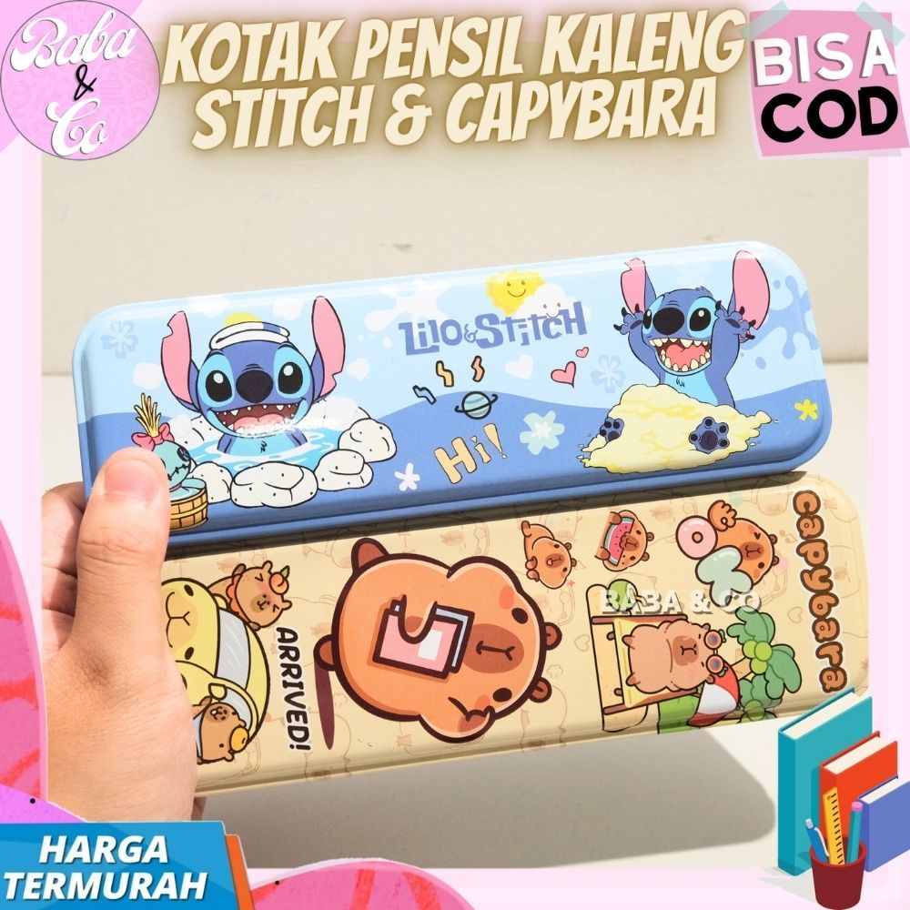 KOTAK PENSIL KALENG CAPYBARA STITCH LUCU UNIK TEMPAT PENSIL STITCH CAPYBARA KALENG IMUT MURAH GROSIR