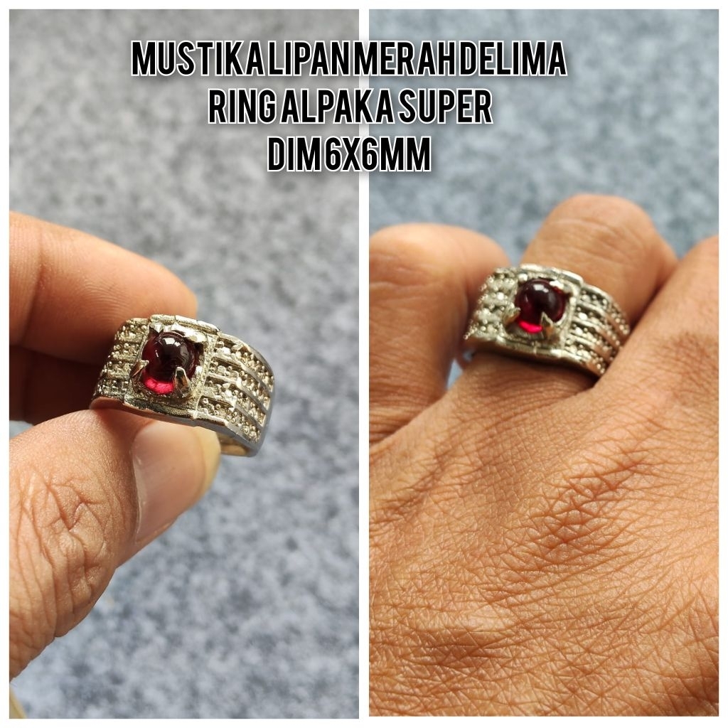 CINCIN PRIA BATU MUSTIKA LIPAN MERAH DELIMA BULAT RING ALPAKA SUPER
