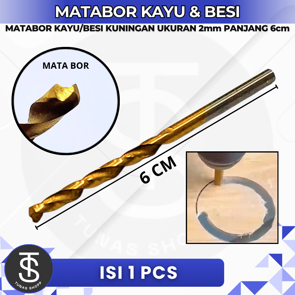 MATA BOR KAYU DAN BESI KUNINGAN UKURAN 2MM PANJANG 3 6CM / Mata Bor Kayu Besi Kuningan 2mm – Tajam, 