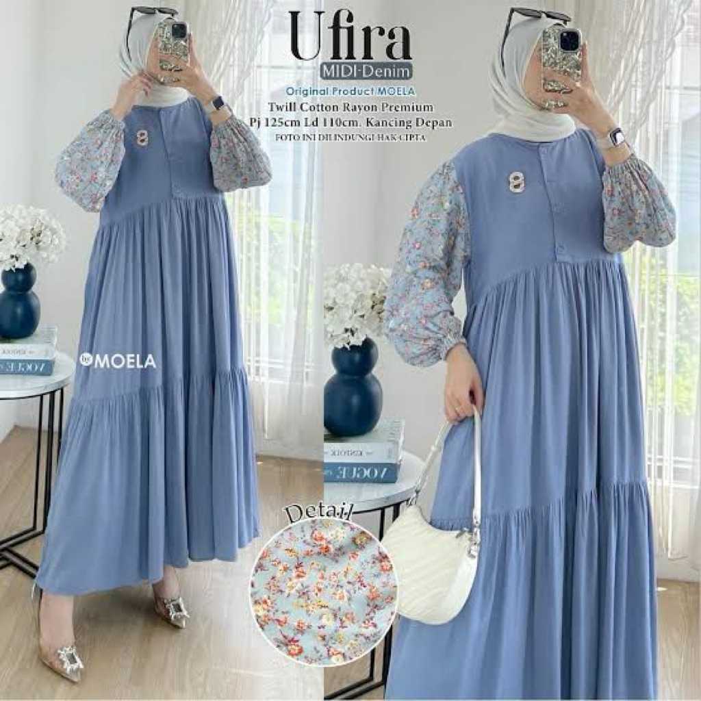 Midi Dress Kombinasi Bahan Katun Twill Polos Motif Original Moela