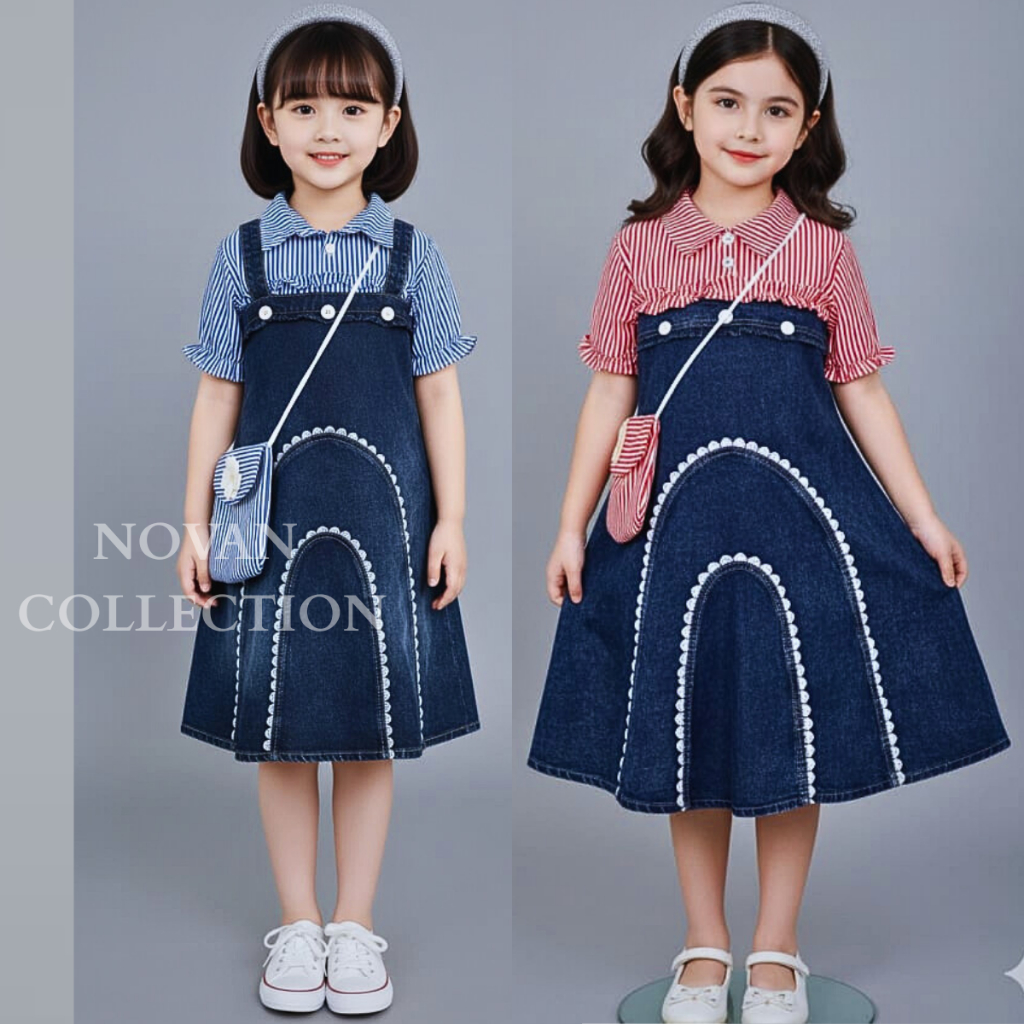 Baju dres jeans anak perempuan motif salur lengan pendek model terbaru 2025 free tas usia 3 - 10 tah