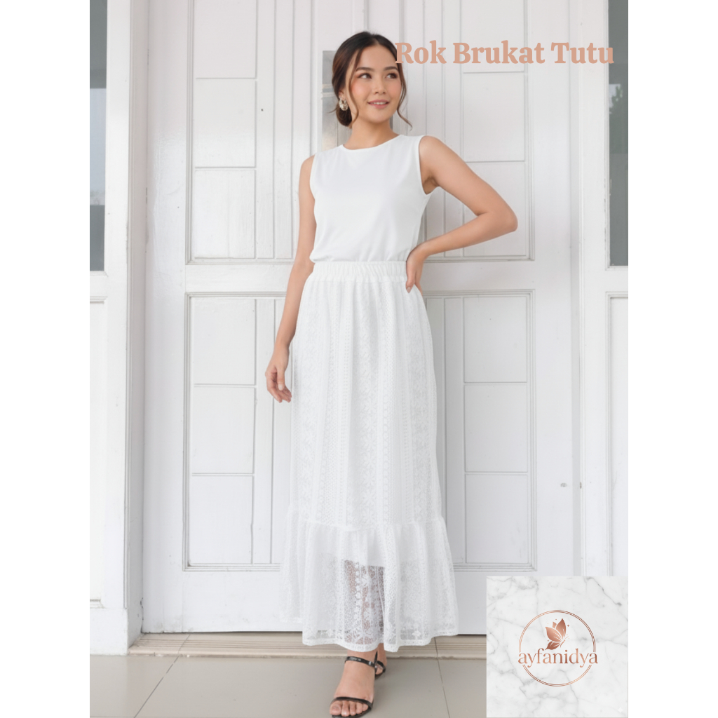 Rok Brukat Tutu Renda Putih Premium