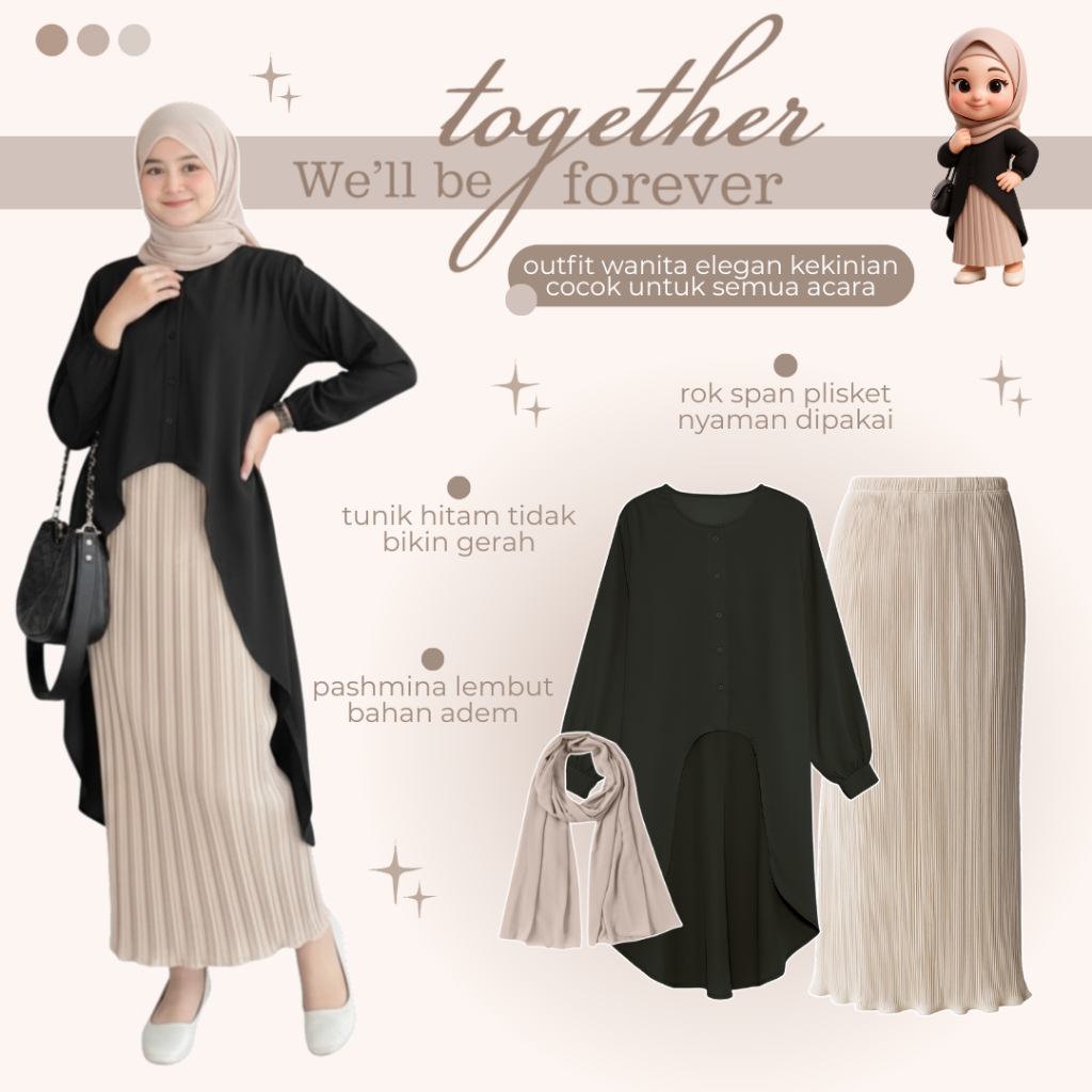 Raya Outfit Kekinian| OOTD Lebaran Remaja Modis Trend |Setelan Wanita | Tunik + Rok + Hijab - BU179N