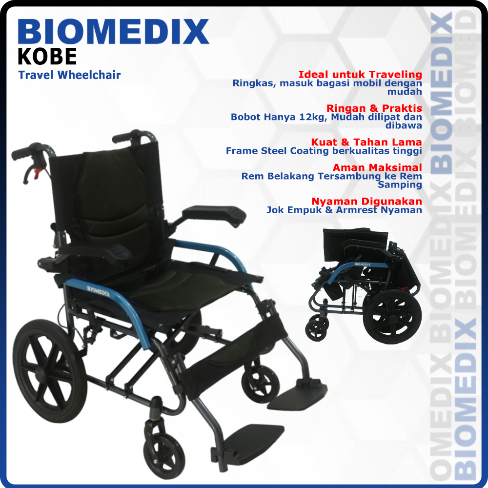Biomedix Kobe Kursi Roda Lipat Ringan Traveling Dewasa Anti Karat Velg Racing Maks Beban 100kg