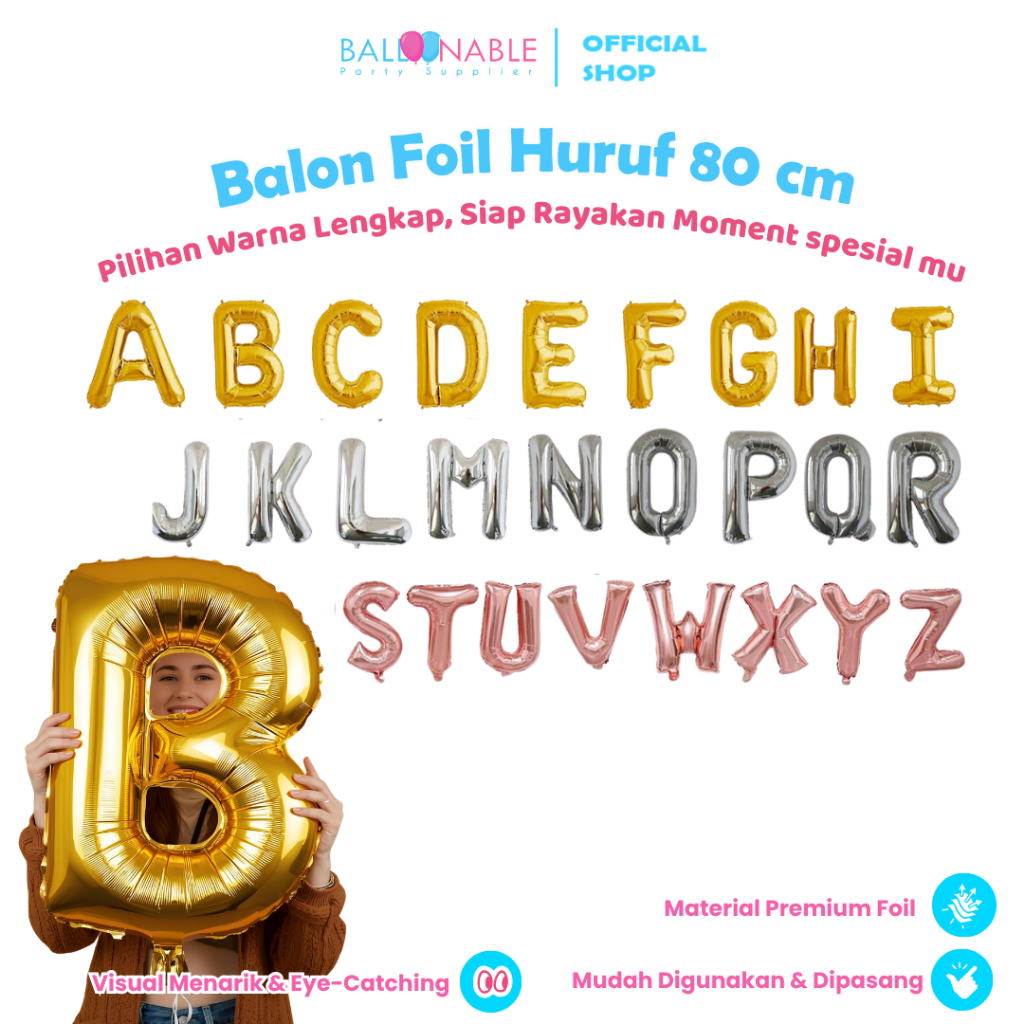 Balon Foil Huruf  80cm / Balon Foil Huruf  80 cm Warna Silver / Gold / Rose gold