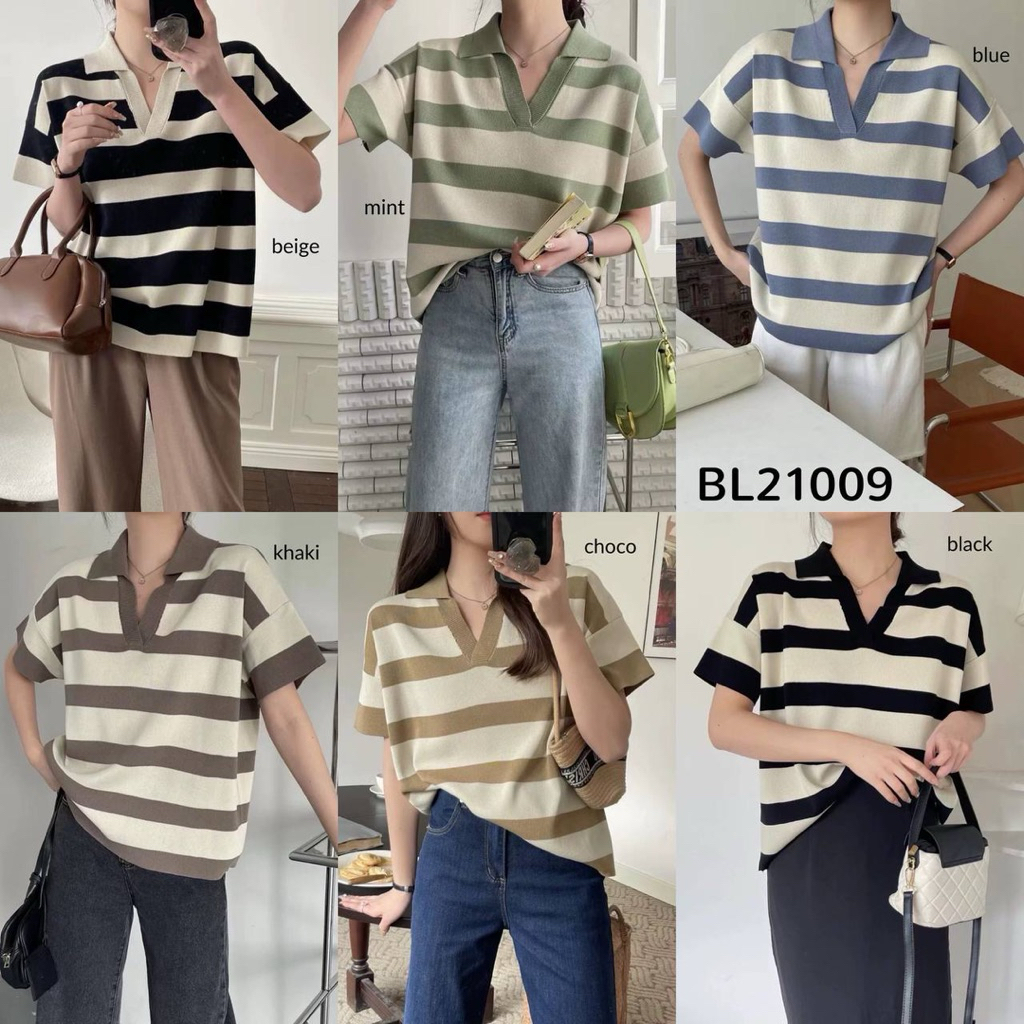 Minjoo Wide Stripes Loose Knit Top / Atasan Blouse Santai Nyaman Wanita BL21009