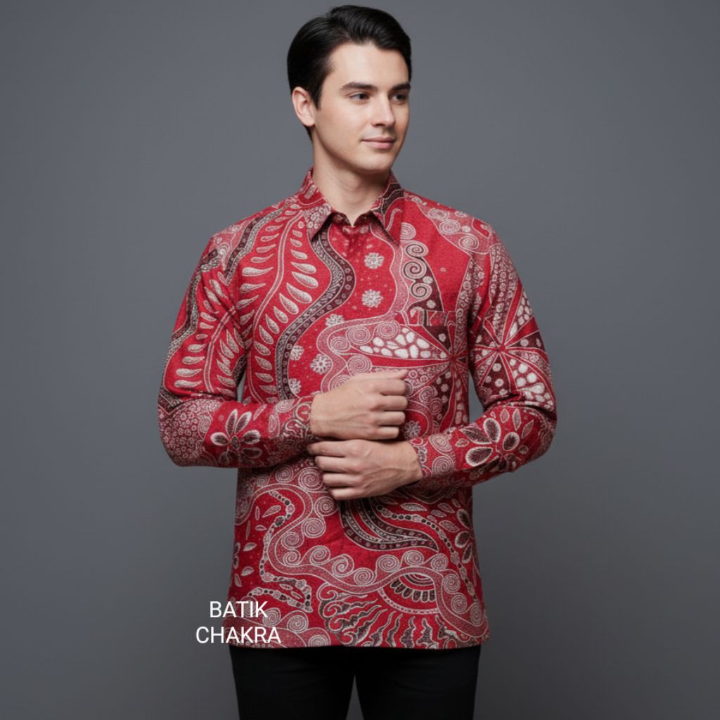 Kemeja batik pria MERAH CABE lengan panjang bahan doby motif terbaru