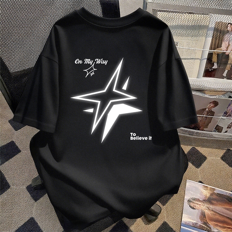 Naomifashion - Baju kaos hitam lengan pendek kece pria | Atasan kaos motif bintang | Kaos boxy t shi