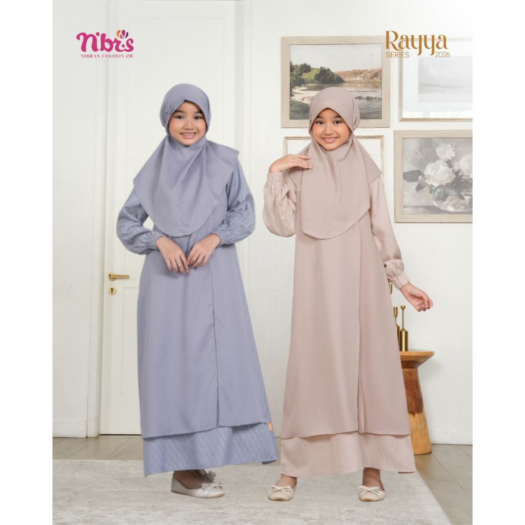 GAMIS DRESS ANAK SET HIJAB TERBARU TERMURAH BESTSELLER CLADIA GREY BEIGE BY NIBRAS NBRS - BAJU BUSAN