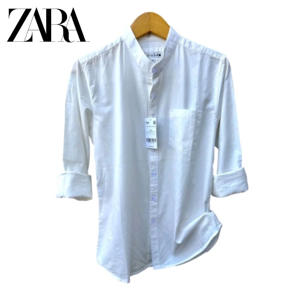 ZARA Kemeja Koko Shanghai Putih Pria Panjang Slim Fit