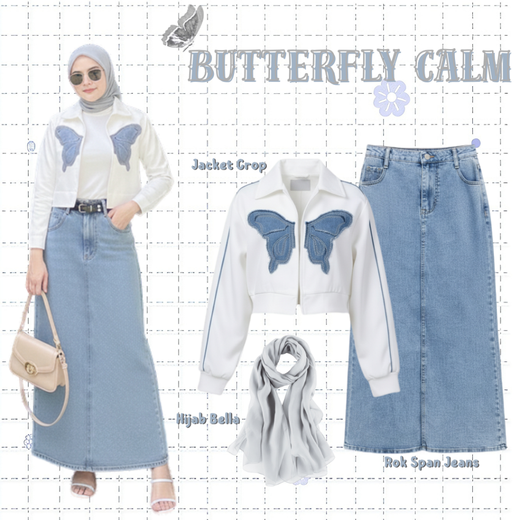 One Set ( Jaket Crop + Rok Jeans + Hijab Bella Square ) Ootd Wanita Kekinian Remaja Korean Style