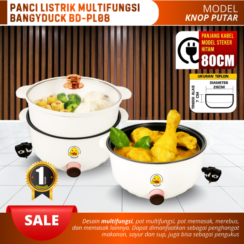 Panci Listrik Anti Lengket 2.5 Liter Kukusan Teflon Hemat Listrik Tutup Kaca Bangyduck BD-PL08 Panci