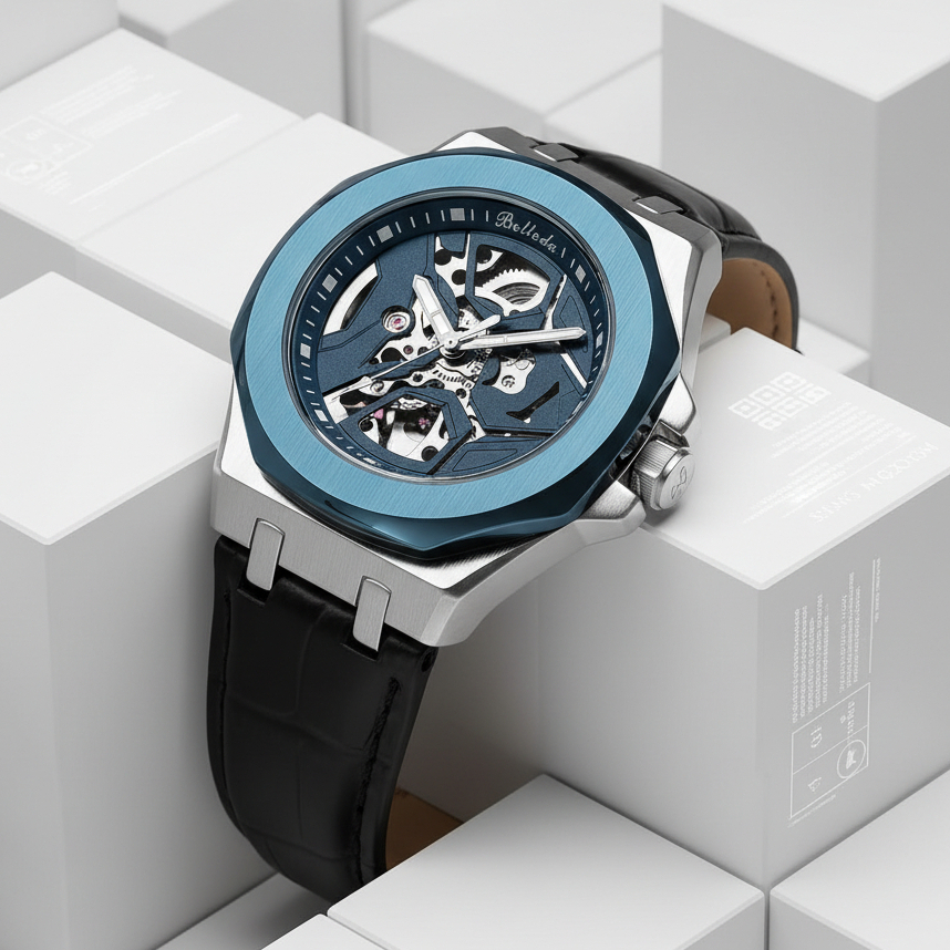 Jam Tangan Pria Belleda 9608 Automatic Original Tali Kulit Anti Air 50M Desain Unik Mewah Original