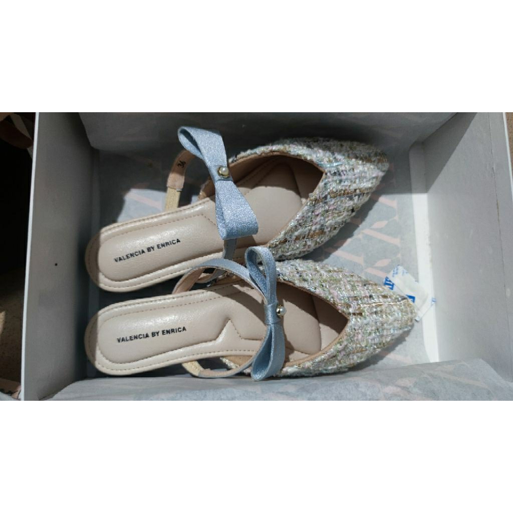 Valencia by Enrica x Michie Brow Flavian Flat Mules in Blue Preloved