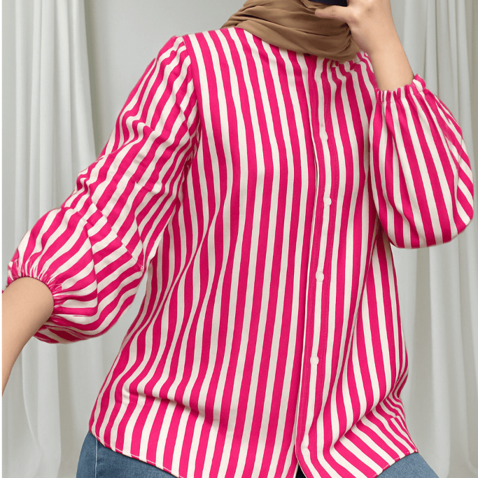 Blouse Motif Salur Lengan Balon Bunga Floral - Kemeja Salur Leopard Wanita Panjang - Baju Atasan Wan