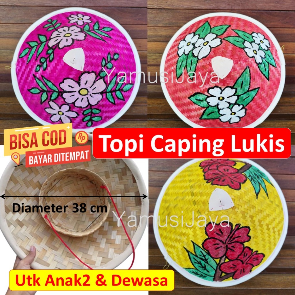 Caping Petani Motif Bunga l Tudung Topi Caping Lukis l Caping Bambu Hias Motif Unik