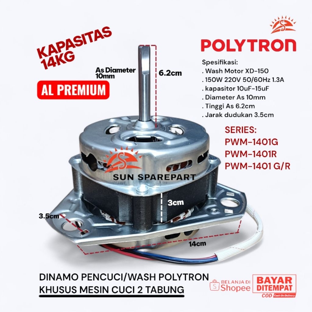 Dinamo pencuci Polytron AL Premium 14KG Diameter As 10mm Mesin cuci 2 Tabung PWM-1401G PWM-1401R