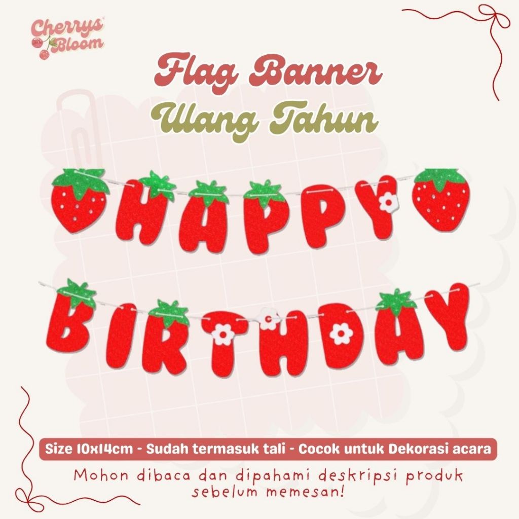 Bunting Flag Strawbery Theme hiasan dekorasi ulang tahun, khitanan, tasyakuran, baby shower Dekorasi