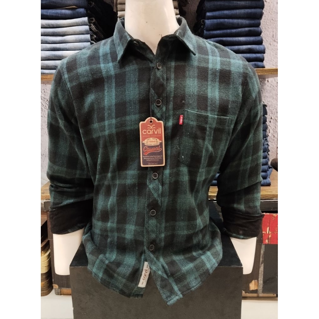 KEMEJA FLANEL PRIA CARVIL JEANS ORIGINAL SLIM WARNA HITAM LENGAN PENDEK KUALITAS PREMIUM
