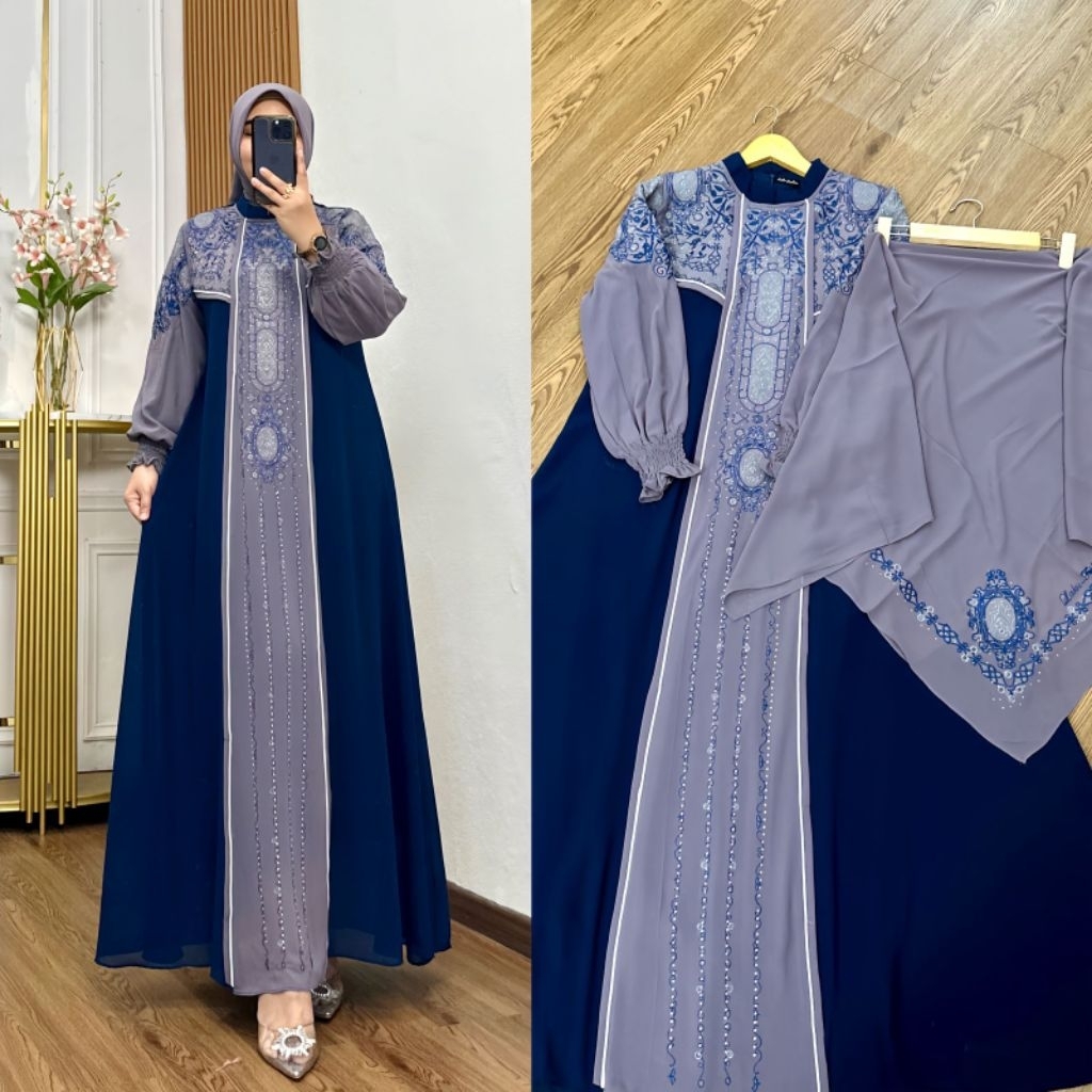 GAMIS BORDIR PAYET FARIASI DUA WARNA GAMIS LAYER SETT HIJAB BORDIR DAN PAYET DALAMAN PURING Ceruty M