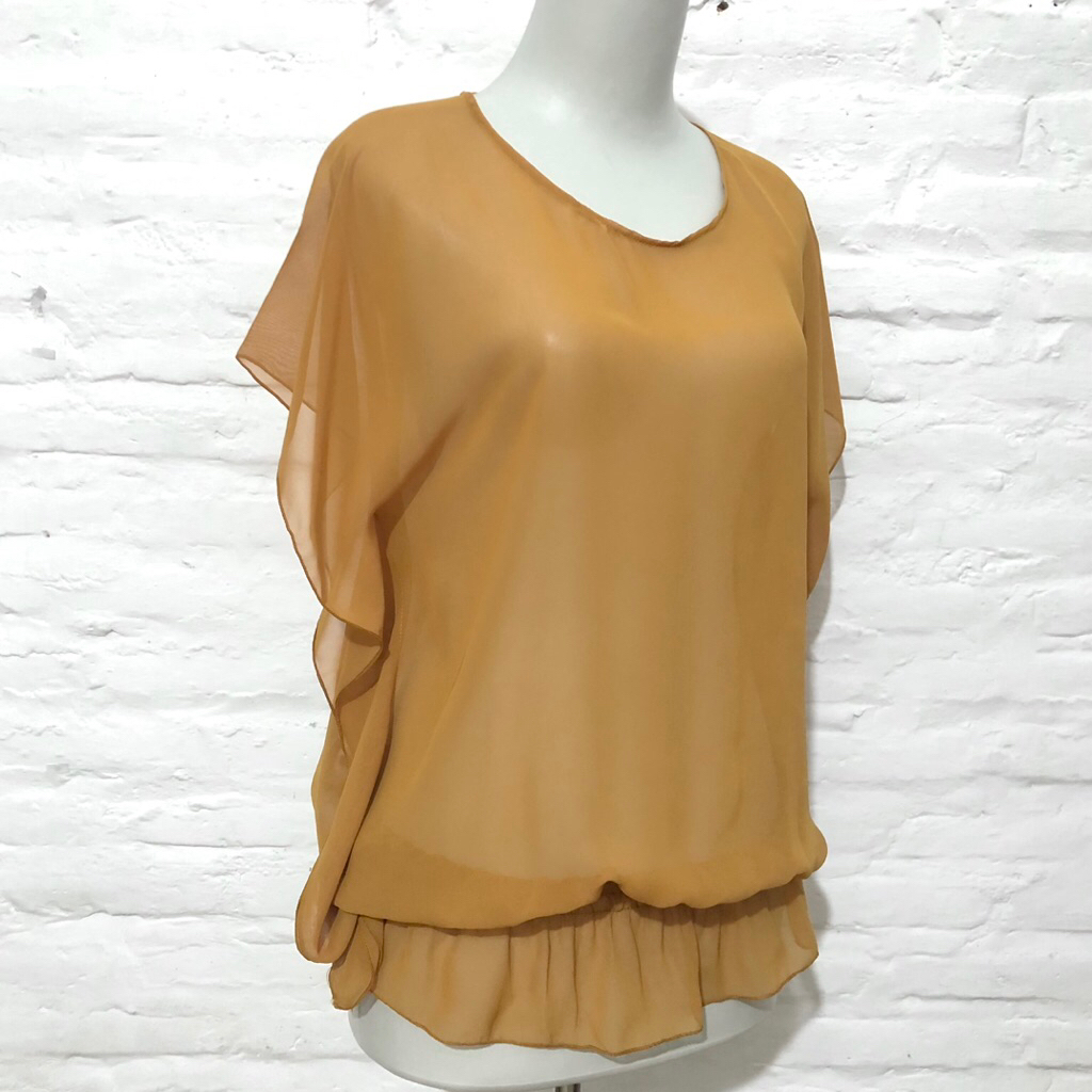 Blouse sifon terawang bohemian outer size M LD 90 mustard batwings lengan pendek sku 1501
