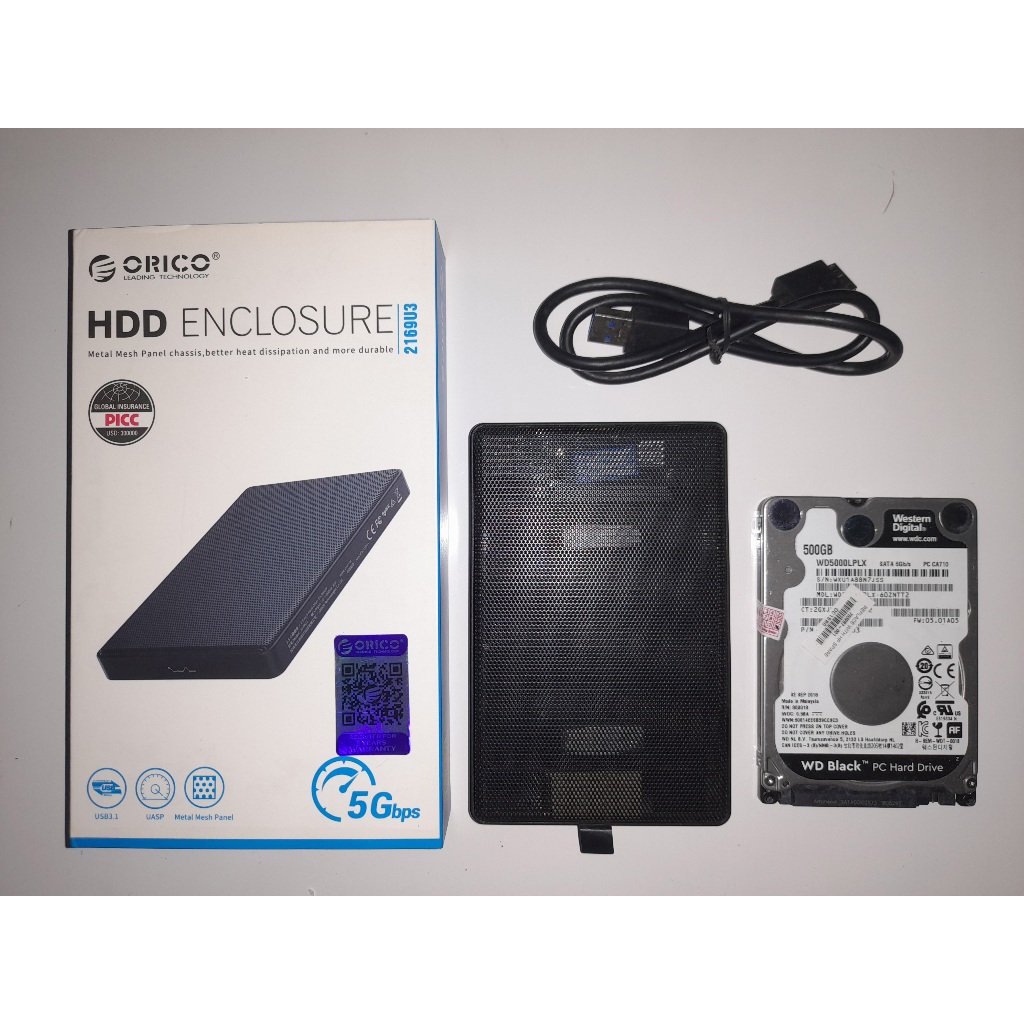 HDD WD BLACK 500GB 7200Rpm plus HDD ENCLOSURE MESH ORICO ORIGINAL + BOX