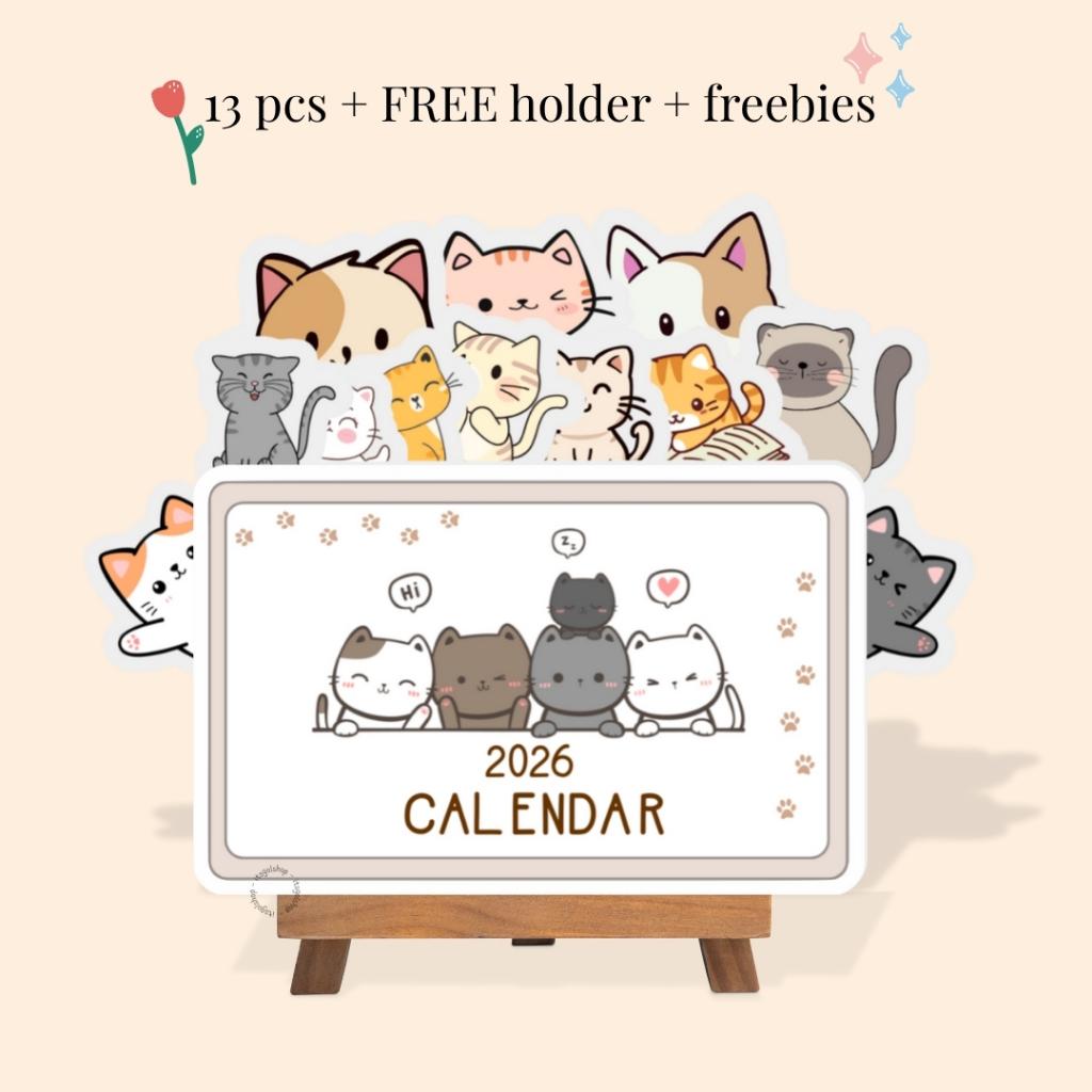 Kalender Kucing 2026 Aesthetic - Cats calendar FREE kayu penyangga kalender meja kerja estetik
