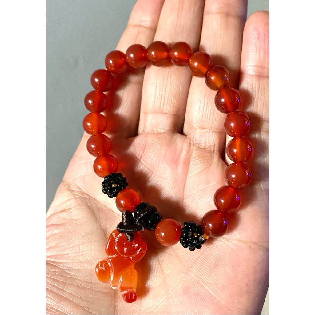 Gelang Jin Liu Fu Asli – Batu Agate Merah & Pixiu Perhiasan keberuntungan dari Hong Kong, kondisi ba