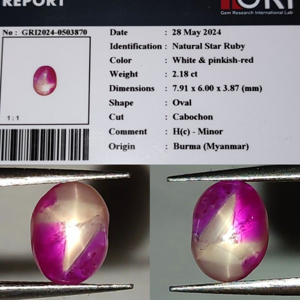 Natural Star Ruby Burma Belang Koi Memo Gri Lab