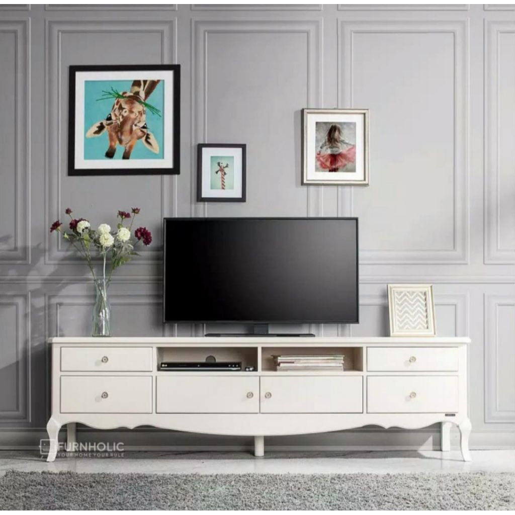 meja TV bahan kayu jati cat duco putih