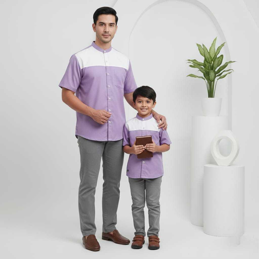 Baju Couple Keluarga Muslim Kemeja Koko Couple Ayah Dan Anak  Laki Laki Katun Polos