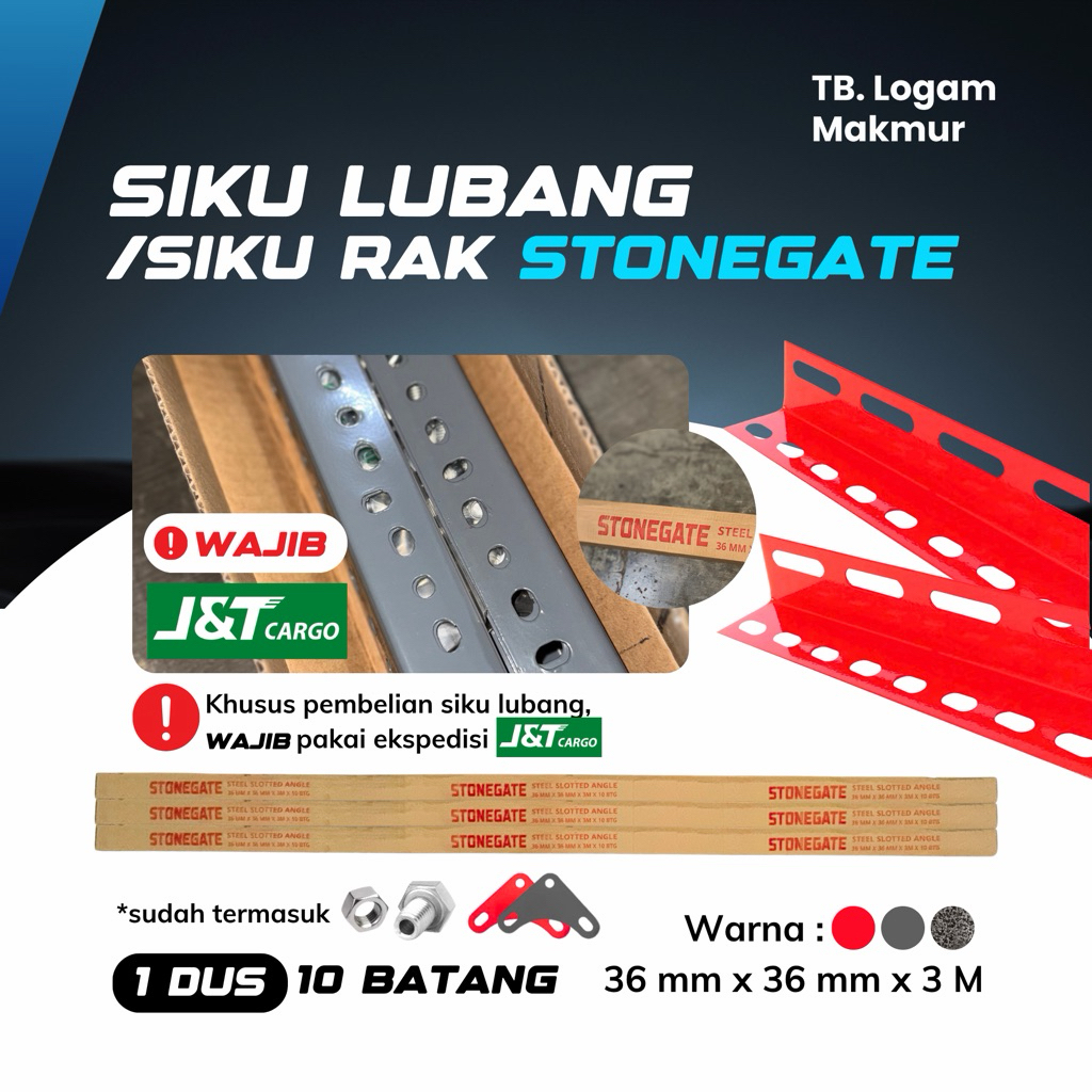 STONEGATE Siku Lubang Siku Rak Besi Serbaguna Abu-Abu Merah Hammertone 36mm x 36mm x 3m - 1 dus 10 b