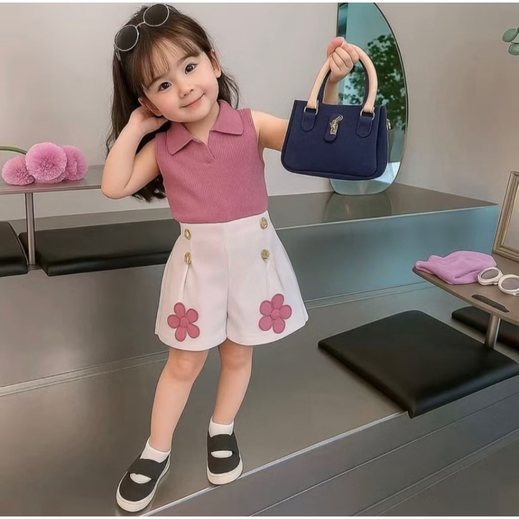 setelan anak perempuan terbaru motif bunga bordir celana pendek bahan scuba baju anak cewek 1-6 tahu