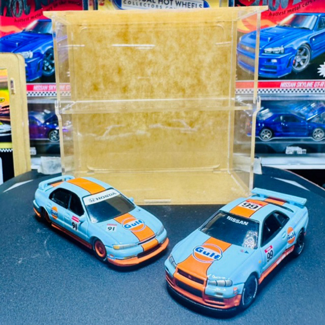 GULF TWIN JOHNNY LIGHTNING NISSAN SKYLINE GT-R34 N HONDA ACCORD WITH ACRLIC DISPLAY