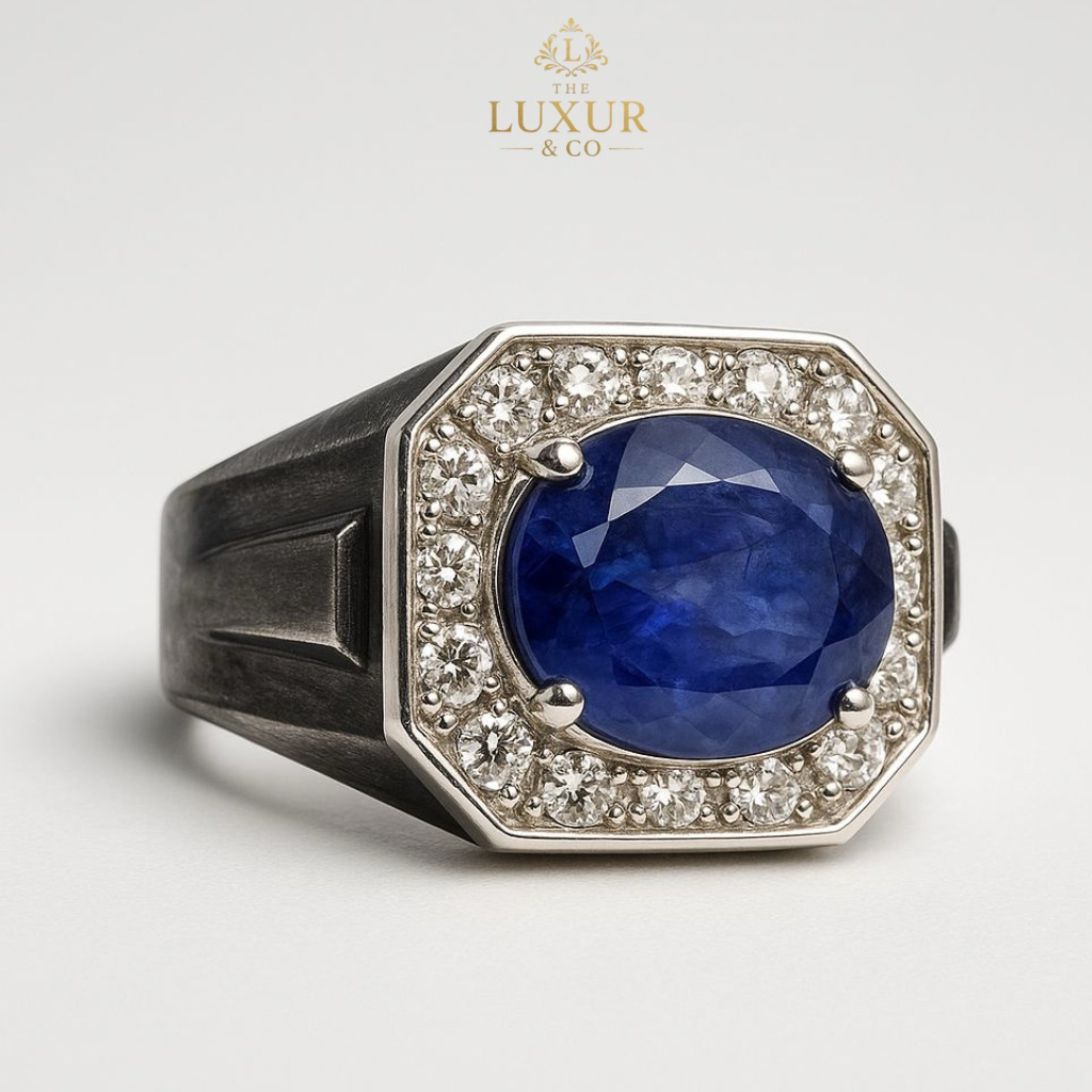 Cincin titanium cowok blue sapphire natural asli