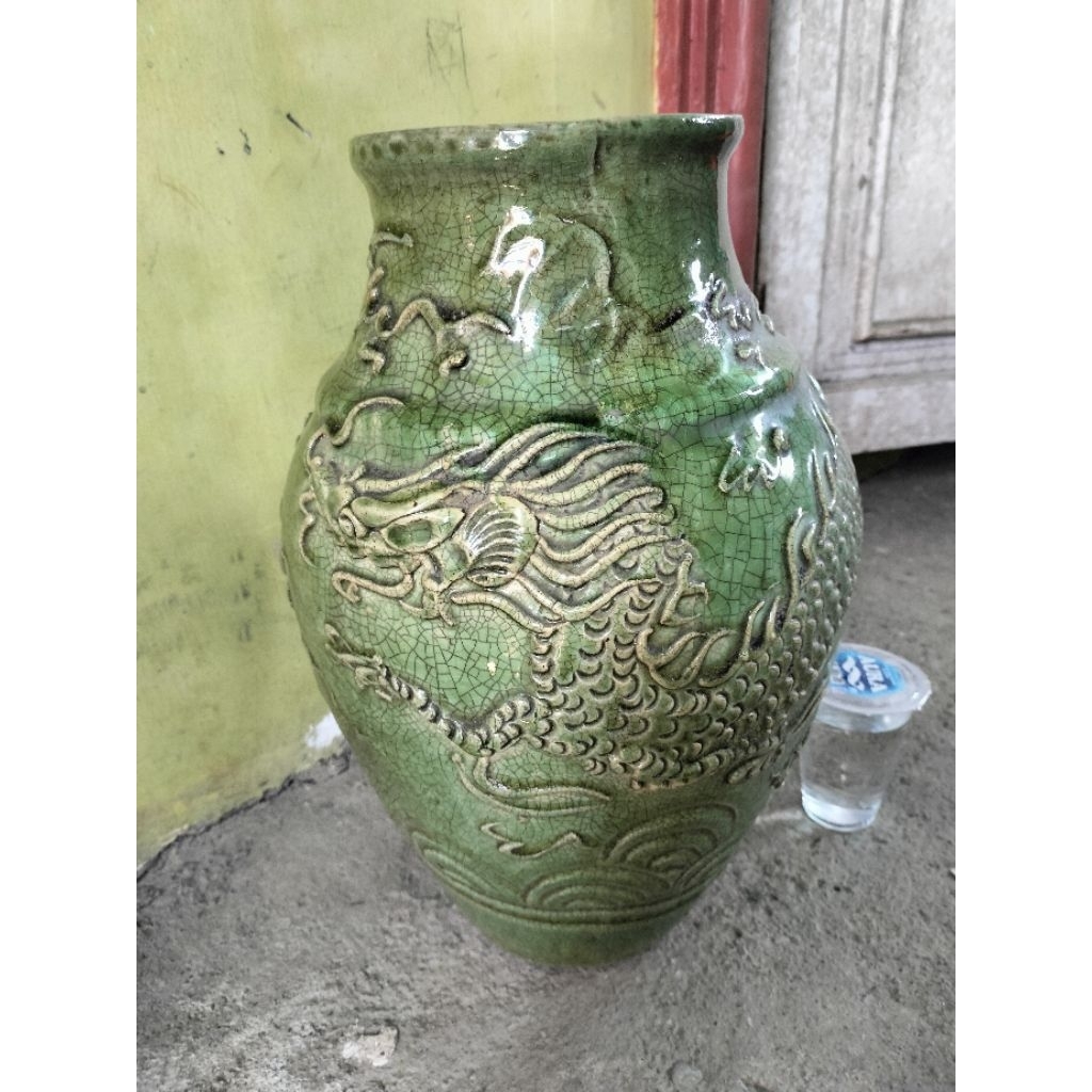Guci kuno china Naga hijau celadon keramik t38cm peninggalan Raja Paser