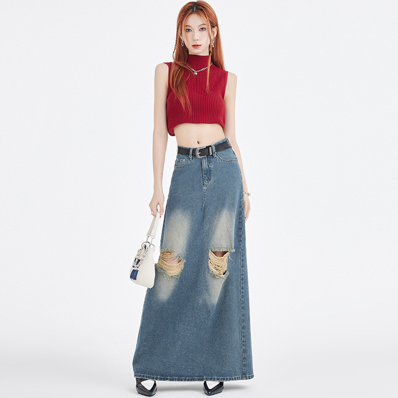 S-6XL Rok Jeans Panjang Wanita High Waist Korea Terbaru Retro Trendy Sobek Rok Denim A-line Skirt