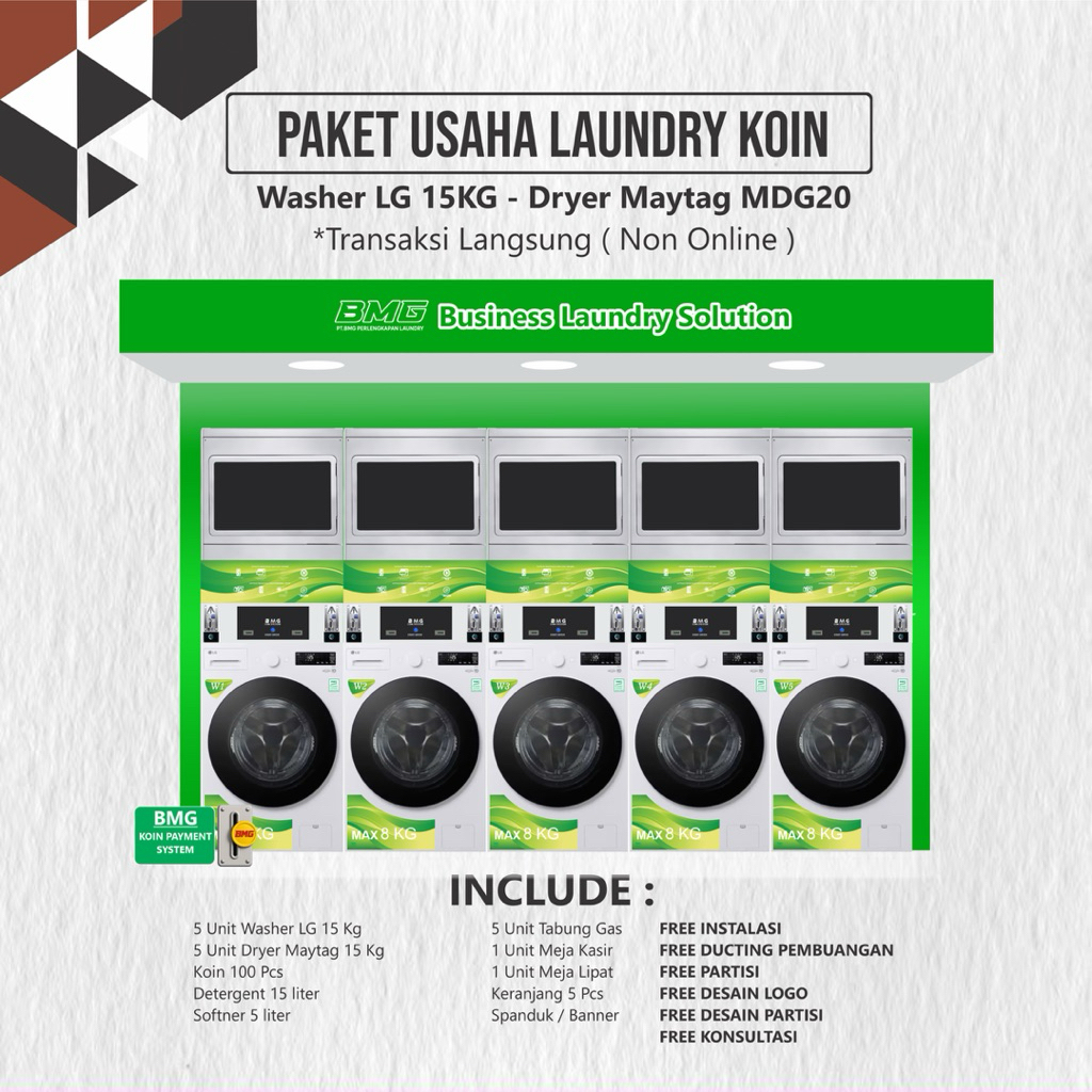 Paket Usaha Laundry Koin 5 Stack/Pasang LG 15 Kg Maytag Mdg20