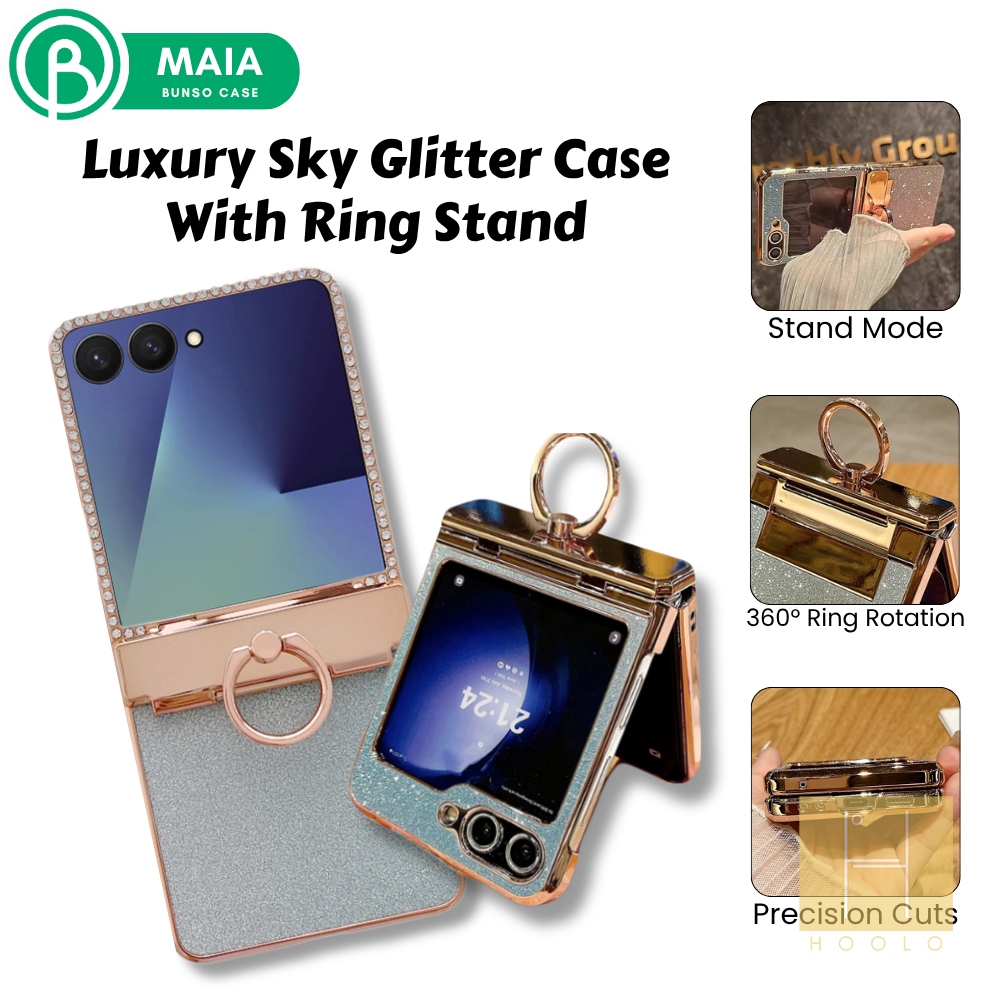 Bunso MAIA Case For Samsung Galaxy Z Flip 7 6 5 Flip7 Flip6 Flip5 5G Luxury Plating Bling Starry Sky