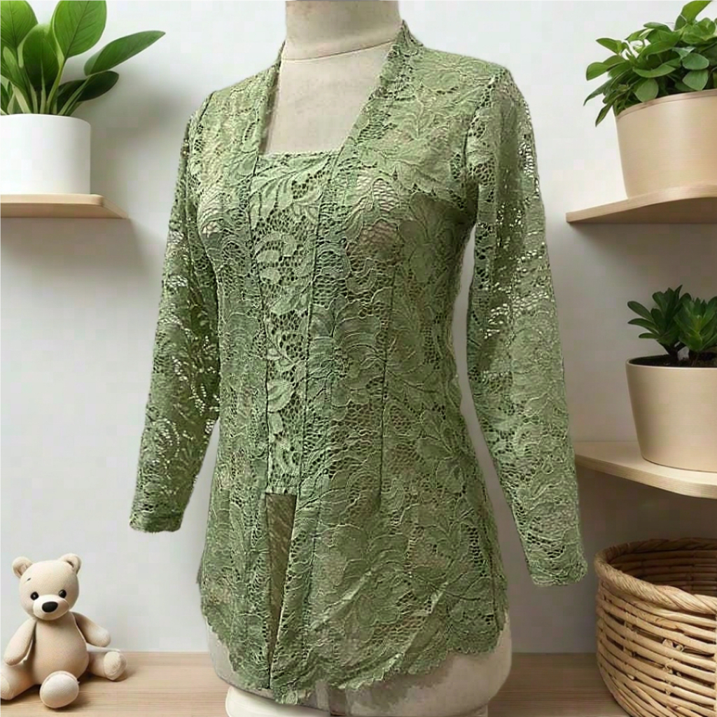 Pakaian tradisional wanita model kebaya kutu baru tanpa kancing bahan brokat premium lengan panjang/