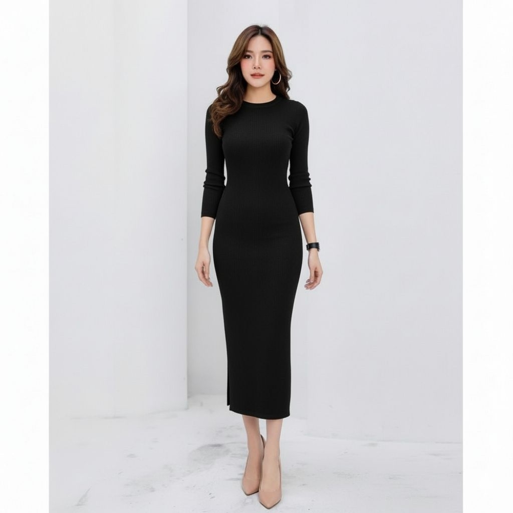 DRESS KNIT RAJUT BODYCON PANJANG PREMIUM - HITAM CLASSIC ELEGANT