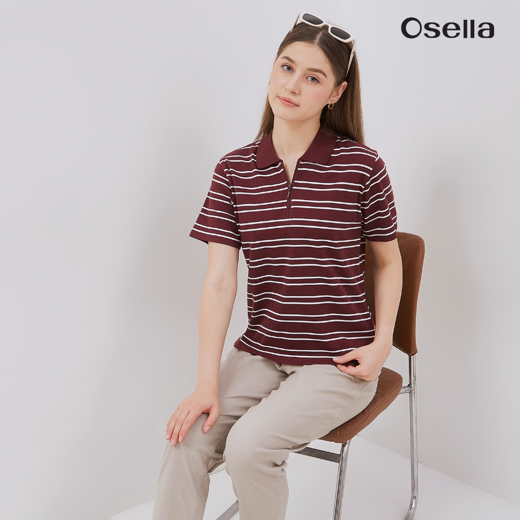 Osella Julia Stripe Rib-Knit Half Polo Shirt 2120500118 | Atasan Kaos Polo Lengan Pendek Wanita