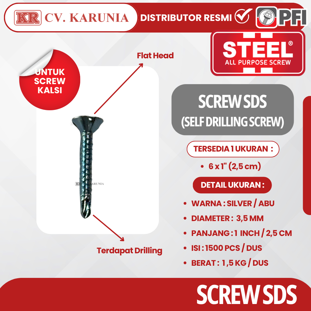 Self Drilling Screw SDS 6 x 1" | Skrup Kepala Rata Gypsum 1 Dus Isi 1500 Pcs Termurah | SKRUP PLAFON