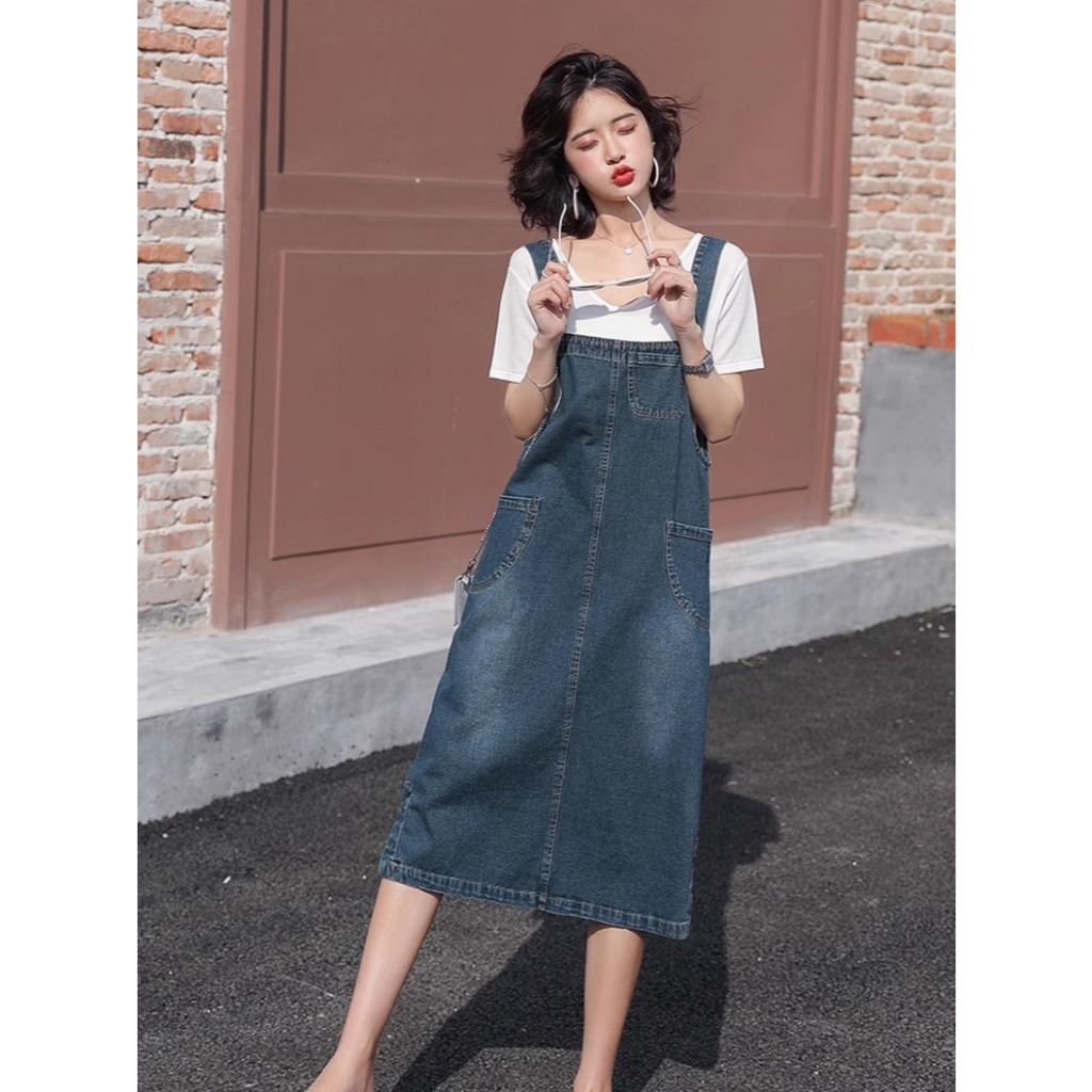 [Gift] DUST Rok Overall Jeans Wanita Denim Biru A-Line