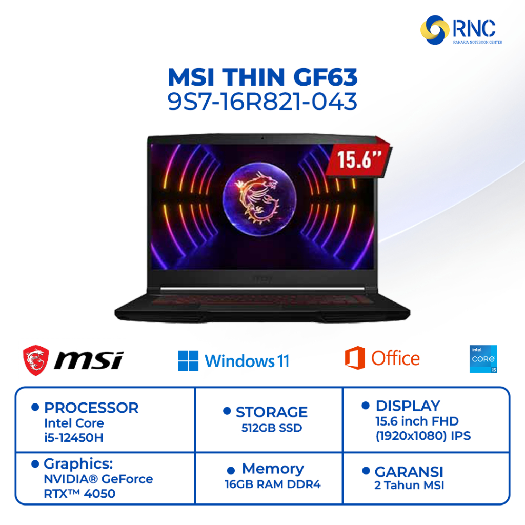 MSI THIN GF63 9S7-16R821-043 I5-12450H 16/512GB RTX4050