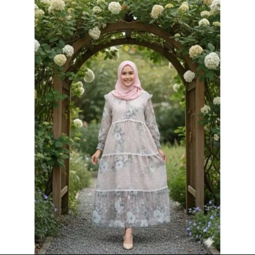 Terbaruuuu Gamis Amanda Nafisya motif bunga katbol premium /Gamis lebaran wanita terlaris 2026/Gamis