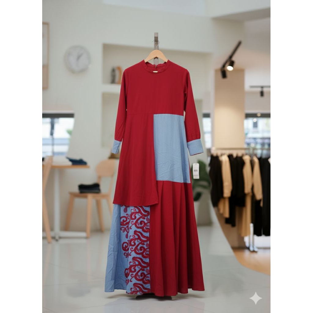 Gamis Syar'i Colour Block Merah-Biru Kombinasi Batik | Dress Muslimah Mayung Pesta Kondangan | Baju 