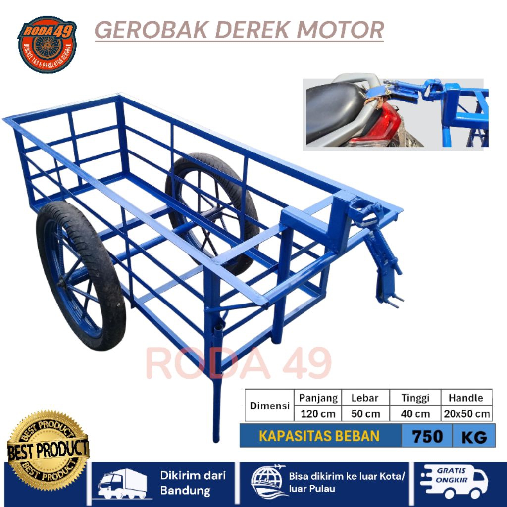 Gerobak tarik motor / TOW CART / Gerobak Derek / ukuran 120x50x40 cm Kapasitas 750 kg